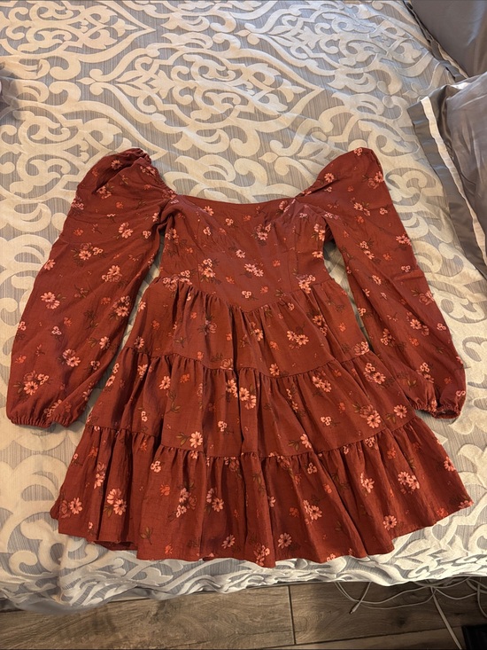 Altar'd State Dresses & Skirts - Altar'd State Rust Floral Tiered Puff-Sleeve Dress